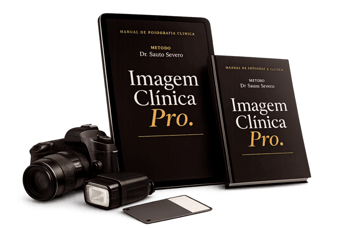 Mockup do manual Imagem Clínica Pro com o setup de câmera e flash